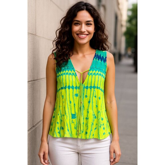 CCC Electric Lime Green Print Tank Tie Front Abstract Boho Blouse Summer Top - Picture 2 of 11